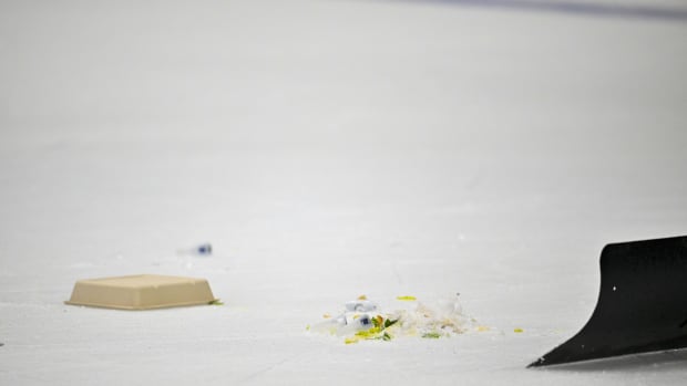 May 23, 2023; Dallas, Texas, USA; A view of food on the ice as fans throw items from the stands during the second period of the game between the Dallas Stars and the Vegas Golden Knights in game three of the Western Conference Finals of the 2023 Stanley Cup Playoffs at American Airlines Center.